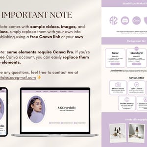 May include: A digital marketing template with a light purple and white color scheme. The template includes a phone and laptop mockup displaying a portfolio. Text includes "IMPORTANT NOTE" and contact information.