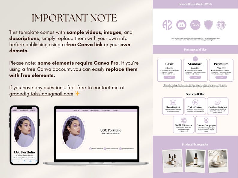 May include: A digital marketing template with a light purple and white color scheme. The template includes a phone and laptop mockup displaying a portfolio. Text includes "IMPORTANT NOTE" and contact information.