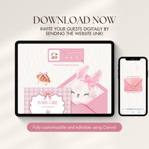 May include: A digital baby shower invitation template displayed on a tablet and smartphone. The design features a pink colour palette, a watercolour bunny, a croissant, cherries, and a music player interface. Text includes BABY GIRL IS ON THE WAY.