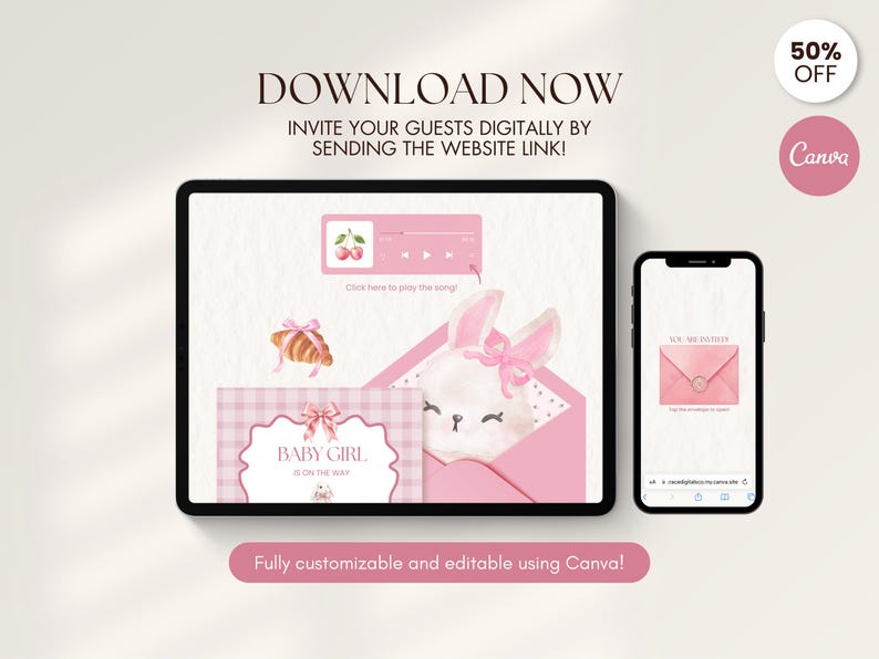 May include: A digital baby shower invitation template displayed on a tablet and smartphone. The design features a pink colour palette, a watercolour bunny, a croissant, cherries, and a music player interface. Text includes BABY GIRL IS ON THE WAY.