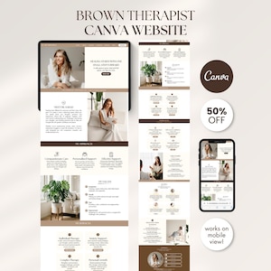 Könnte beinhalten: Eine digitale Website-Vorlage für Therapeuten in braun-weißer Farbgebung. Das Layout enthält Abschnitte für Dienstleistungen, Werte und professionelle Profile, dargestellt auf einem Tablet- und Smartphone-Bildschirm mit Canva-Logo und Rabatt-Symbol.