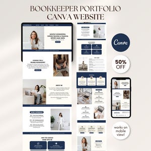 Può includere: Un modello digitale per un sito web di portfolio per contabili progettato in Canva. Il layout presenta uno schema di colori blu scuro e bianco con sezioni per esperienza lavorativa, chi sono e servizi. Include una vista mobile e uno sconto.