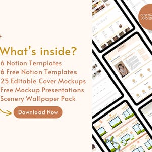 Op de afbeelding: Een digitale productmockup met een tabletscherm waarop een website wordt weergegeven met de tekst "What's inside?" en een lijst met digitale producten, waaronder Notion-sjablonen, covermockups en behangpakketten. De tekst "Download Now" is ook zichtbaar op het scherm.