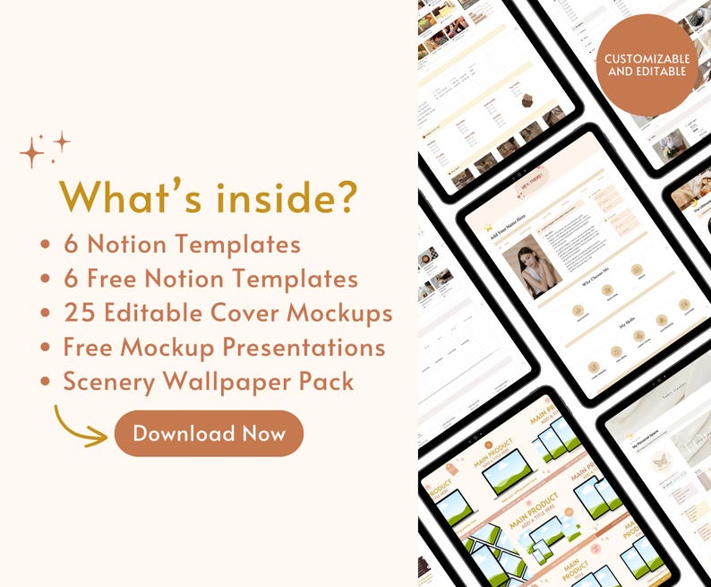 Op de afbeelding: Een digitale productmockup met een tabletscherm waarop een website wordt weergegeven met de tekst "What's inside?" en een lijst met digitale producten, waaronder Notion-sjablonen, covermockups en behangpakketten. De tekst "Download Now" is ook zichtbaar op het scherm.