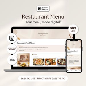 Restaurant Menü Notion Vorlage Modernes digitales Menü Bearbeitbares Lebensmittelmenü für Restaurant Cafe Bar Social Media Menüvorlage Design