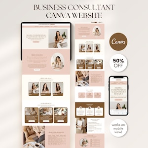 Puede incluir: Maqueta digital de un dise&ntilde;o de sitio web de consultor&iacute;a empresarial, que se muestra en una tableta y un tel&eacute;fono inteligente. El dise&ntilde;o presenta una paleta de colores suaves con el texto "BUSINESS CONSULTANT CANVA WEBSITE". Un gr&aacute;fico circular indica "50% OFF".