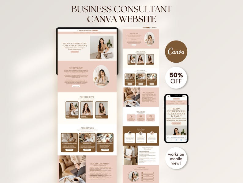 Puede incluir: Maqueta digital de un dise&ntilde;o de sitio web de consultor&iacute;a empresarial, que se muestra en una tableta y un tel&eacute;fono inteligente. El dise&ntilde;o presenta una paleta de colores suaves con el texto "BUSINESS CONSULTANT CANVA WEBSITE". Un gr&aacute;fico circular indica "50% OFF".