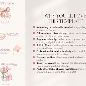 May include: A digital template for a baby shower invitation website featuring a light cream background with pink text and watercolour illustrations of a bow, a swan, an envelope, and tulips. The text lists eight reasons to use this Canva template.