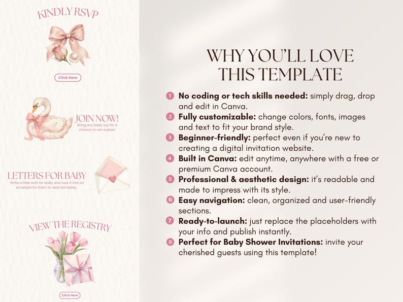 May include: A digital template for a baby shower invitation website featuring a light cream background with pink text and watercolour illustrations of a bow, a swan, an envelope, and tulips. The text lists eight reasons to use this Canva template.