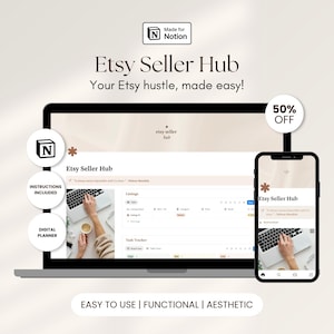 Plantilla de Notion para el centro de vendedores de Etsy, planificador de tiendas digitales, organizador para pequeñas empresas con listados de productos, seguimiento de ventas, herramientas financieras y de marca.