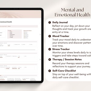 May include: A digital tablet displaying a mental and emotional health journal with sections for daily journaling, mood tracking, stress tracking, therapy notes, and a self-care checklist.