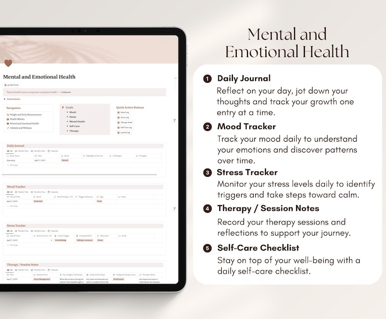 May include: A digital tablet displaying a mental and emotional health journal with sections for daily journaling, mood tracking, stress tracking, therapy notes, and a self-care checklist.