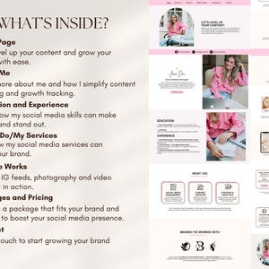 May include: A website design with a pink and white color scheme. The page includes the text "WHAT'S INSIDE?" and sections for Home Page, About Me, Education, Services, Sample Works, Packages, and Contact. A woman in a pink shirt is featured.