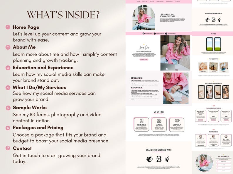 May include: A website design with a pink and white color scheme. The page includes the text "WHAT'S INSIDE?" and sections for Home Page, About Me, Education, Services, Sample Works, Packages, and Contact. A woman in a pink shirt is featured.