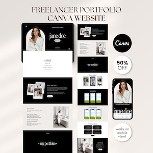 Pode incluir: Um design digital que mostra um modelo de site de portfólio freelancer. O design apresenta um esquema de cores em preto e branco, com o texto "FREELANCER PORTFOLIO CANVA WEBSITE" no topo. O site é exibido em um tablet e um smartphone, com o nome "jane doe".