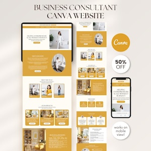 May include: A digital mockup of a business consultant website, displayed on a tablet and a smartphone. The website design features a cream and gold colour scheme with the text "BUSINESS CONSULTANT CANVA WEBSITE". The smartphone displays "HELPING ENTREPRENEURS SCALE WITHOUT BURNOUT".