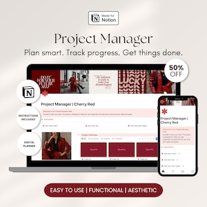 Könnte beinhalten: Eine digitale Projektmanager-Oberfläche, die auf einem Laptop und Smartphone angezeigt wird. Die Oberfläche ist kirschrot mit dem Text "Project Manager" und "Plan smart. Track progress. Get things done." Der Text "Easy to use | Functional | Aesthetic" ist ebenfalls enthalten.