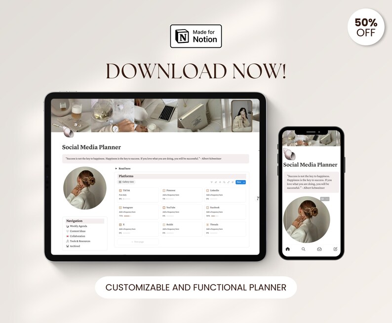 May include: A digital social media planner displayed on a tablet and smartphone. The tablet shows a detailed planner interface with sections for platforms and navigation. The smartphone mirrors the planner's design. Text includes "DOWNLOAD NOW!" and "CUSTOMIZABLE AND FUNCTIONAL PLANNER."