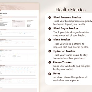 May include: A printable health tracker with sections for blood pressure, blood sugar, sleep, hydration, fitness, and notes. The tracker is designed to help people stay on top of their health and wellness.