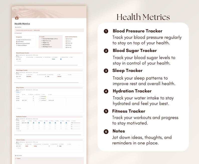May include: A printable health tracker with sections for blood pressure, blood sugar, sleep, hydration, fitness, and notes. The tracker is designed to help people stay on top of their health and wellness.
