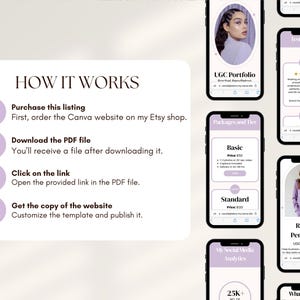 May include: A digital marketing graphic with a light purple and white color scheme. The image shows a phone displaying a UGC portfolio, testimonials, and pricing tiers. Text includes "How it Works" and "Purchase this listing".
