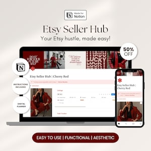 Puede incluir: Una interfaz de planificador digital que se muestra en una computadora portátil y un teléfono inteligente, que muestra un Etsy Seller Hub en rojo cereza. El diseño incluye el texto "Etsy Seller Hub" y "Your Etsy hustle, made easy!" con una insignia del 50% de descuento.