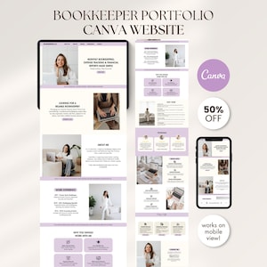 May include: A digital template for a bookkeeper portfolio website designed in Canva, featuring a light purple and white color scheme, multiple page layout previews, a mobile phone display, and circular icons with text including Canva and 50% off.
