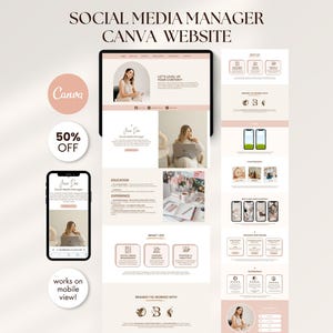 May include: A digital marketing website design displayed on a tablet and smartphone. The website features a light pink and white color scheme with the text "SOCIAL MEDIA MANAGER CANVA WEBSITE". Includes a "50% OFF" badge and the Canva logo.