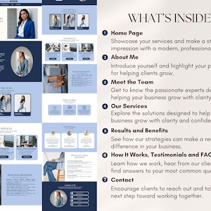 May include: A website design with a navy blue and light blue color scheme. The design includes sections for the home page, about me, team, services, results, testimonials, and contact information. The text reads "Helping Entrepreneurs Scale Without Burnout."