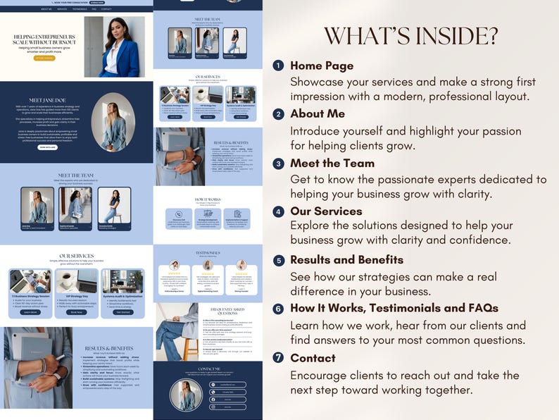 May include: A website design with a navy blue and light blue color scheme. The design includes sections for the home page, about me, team, services, results, testimonials, and contact information. The text reads "Helping Entrepreneurs Scale Without Burnout."