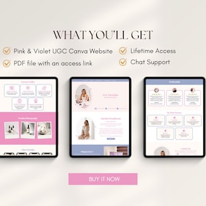 May include: Three digital tablets showcasing a website design in pink and violet hues. The text "WHAT YOU'LL GET" is at the top, with features like a Canva website, lifetime access, and chat support. A button at the bottom reads "BUY IT NOW".