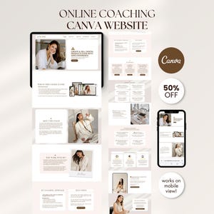 Puede incluir: Diseño de sitio web de marketing digital que se muestra en una computadora portátil, tableta y teléfono inteligente. El sitio web presenta un diseño limpio y minimalista con una paleta de colores claros. El texto incluye "Online Coaching Canva Website" y "50% OFF".