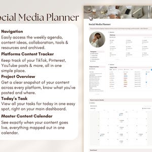 May include: A digital Social Media Planner with a clean, minimalist design. The planner includes sections for navigation, content tracking, project overview, daily tasks, and a master content calendar. Text on the left side lists key features.