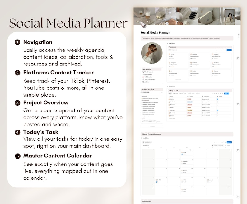 May include: A digital Social Media Planner with a clean, minimalist design. The planner includes sections for navigation, content tracking, project overview, daily tasks, and a master content calendar. Text on the left side lists key features.