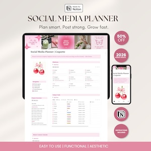 May include: A digital social media planner template for Notion featuring a pink and white color scheme with cherry illustrations. The interface displays task lists, platform trackers, and project overviews on a tablet and smartphone screen.