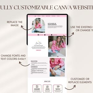 May include: A digital mockup of a website on a tablet, with a pink and white color scheme. The text "FULLY CUSTOMIZABLE CANVA WEBSITE!" is at the top. The website design includes images, text, and icons. Arrows point to areas for customization.