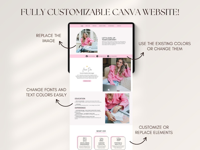 May include: A digital mockup of a website on a tablet, with a pink and white color scheme. The text "FULLY CUSTOMIZABLE CANVA WEBSITE!" is at the top. The website design includes images, text, and icons. Arrows point to areas for customization.