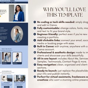 May include: A website template with a blue and white design, featuring sections for entrepreneurs, a profile, team members, and services. The text highlights ease of use, customization, and professional design for virtual assistants and freelancers.