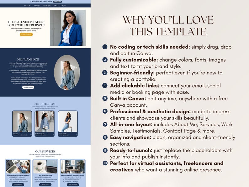May include: A website template with a blue and white design, featuring sections for entrepreneurs, a profile, team members, and services. The text highlights ease of use, customization, and professional design for virtual assistants and freelancers.