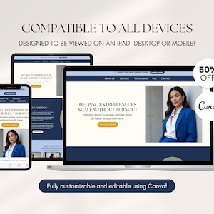May include: A digital marketing design displayed on a laptop, tablet, and smartphone. The design features the text "Helping Entrepreneurs Scale Without Burnout" and is fully customizable and editable using Canva. A 50% off Canva promotion is also shown.