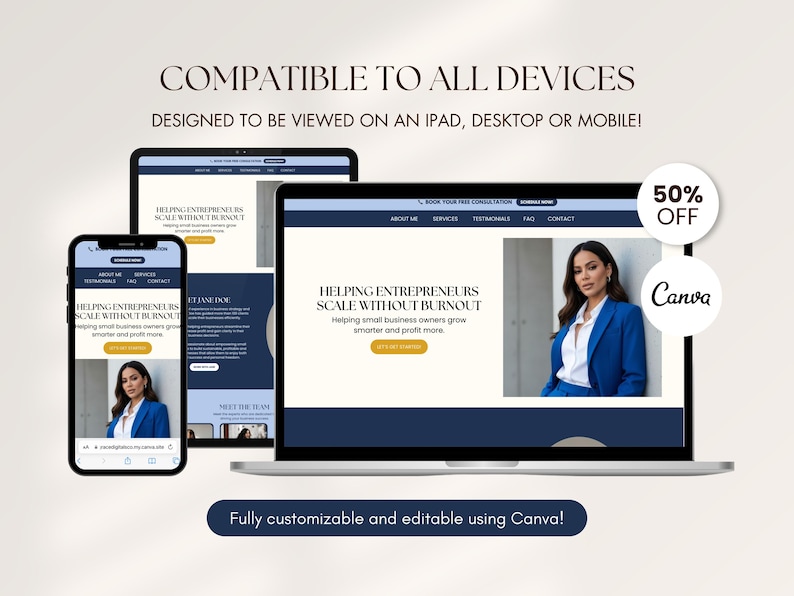 May include: A digital marketing design displayed on a laptop, tablet, and smartphone. The design features the text "Helping Entrepreneurs Scale Without Burnout" and is fully customizable and editable using Canva. A 50% off Canva promotion is also shown.