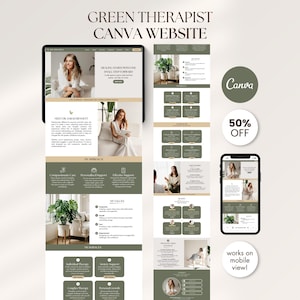 Puede incluir: Una plantilla de sitio web digital para terapeutas con una paleta de colores verde salvia y blanco. El diseño incluye secciones para servicios, valores y perfiles profesionales, mostradas en una pantalla de tableta y teléfono móvil.