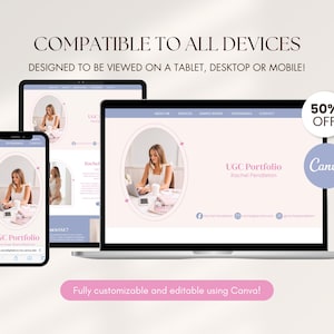 May include: A digital marketing portfolio displayed on a smartphone, tablet, and laptop. The design features a woman working on a laptop, with the text "UGC Portfolio" and "Fully customizable and editable using Canva!"