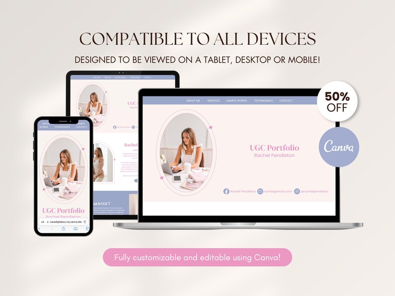 May include: A digital marketing portfolio displayed on a smartphone, tablet, and laptop. The design features a woman working on a laptop, with the text "UGC Portfolio" and "Fully customizable and editable using Canva!"