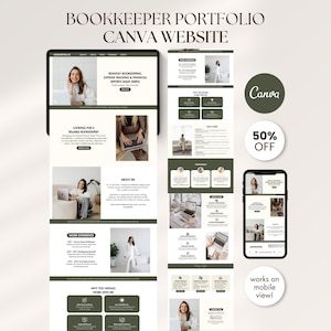 May include: A digital template for a bookkeeper portfolio website designed in Canva. The layout features a neutral color palette with dark green accents, showcasing sections for work experience, services, and testimonials, alongside a mobile view.
