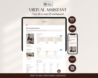 Modello di dashboard Notion per assistente virtuale, gestione clienti VA, pianificatore di lavoro, produttività WFH, foglio di monitoraggio delle attività Notion freelance