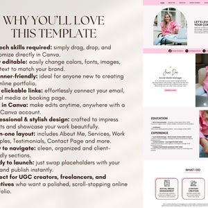 May include: A website template with a pink and white color scheme. The template includes sections for a portfolio, social media management, content creation, and strategy and analytics. Text on the template reads "Why You'll Love This Template."