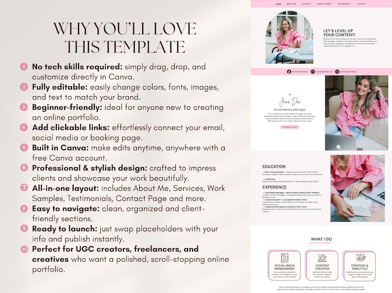 May include: A website template with a pink and white color scheme. The template includes sections for a portfolio, social media management, content creation, and strategy and analytics. Text on the template reads "Why You'll Love This Template."