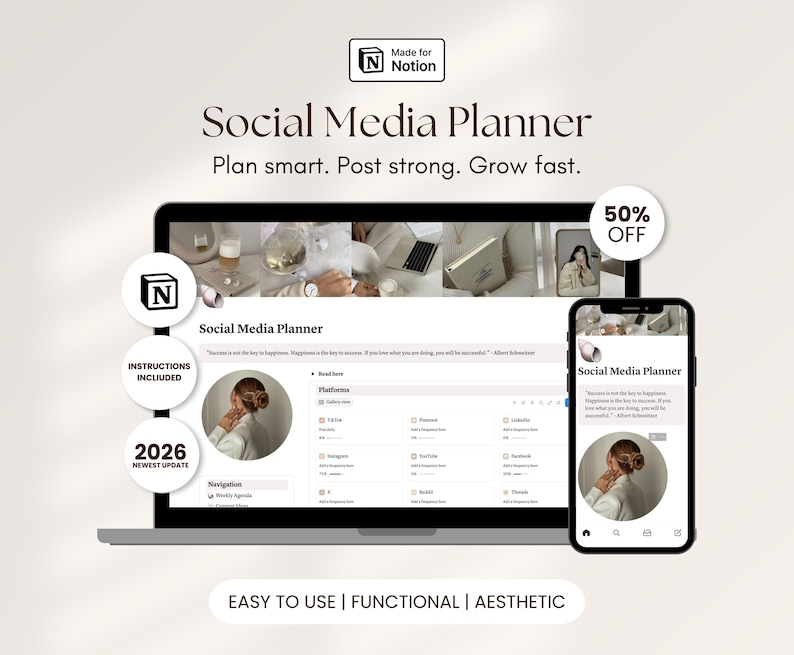 Aesthetic Notion Social Media Planner for Content Creators and Online Business Owners Content Marketing Calendar for Social Media Managers image 1