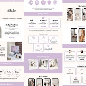 May include: A website layout with a light purple and white color scheme. The site showcases a UGC portfolio with sections for services, recent work, and testimonials. The layout includes images, text, and social media analytics.